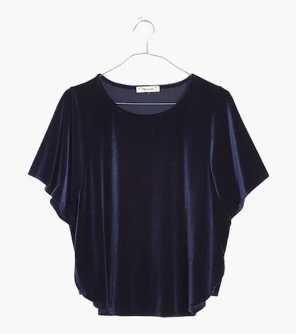 Madewell Velvet Short Sleeve Crew Top Soft Touch Holiday Party Navy Blue M